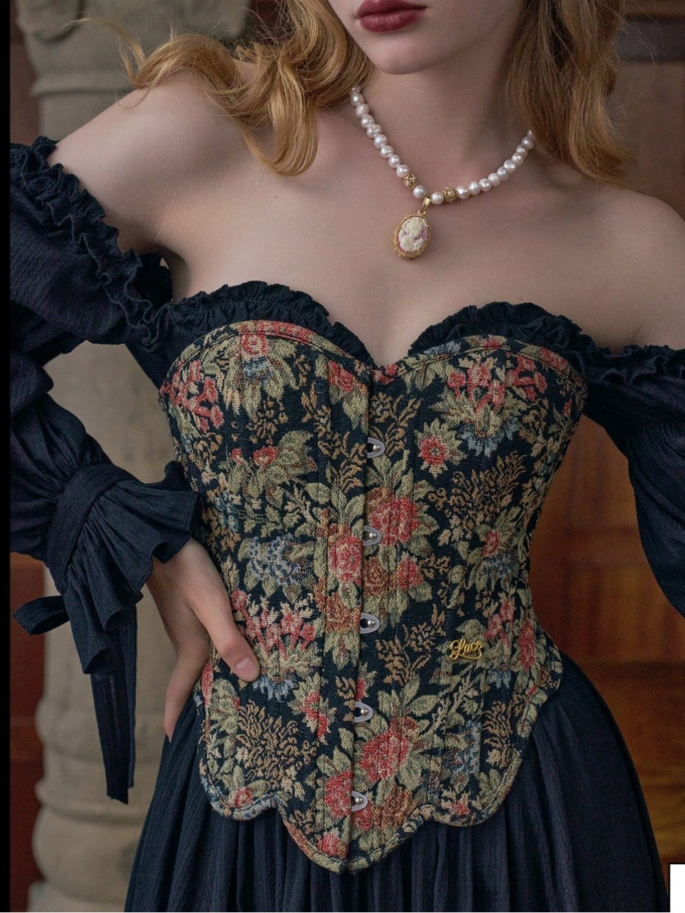 Floral Lace-Up Corset Top - Black Floral - Picture 2 of 12